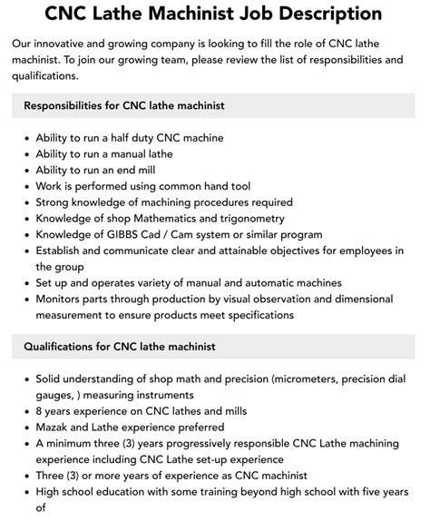 cnc machine technician job description|cnc lathe machinist job description.